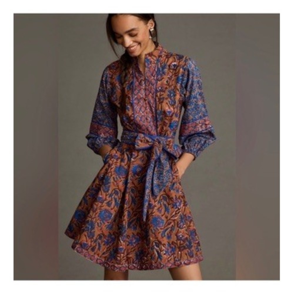 Sue Sartor Paloma Flounce Dress Sapphire Blue Pink Floral Cotton Mini MP NEW